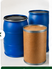 Blue plastic and brown fiber shipping barrels